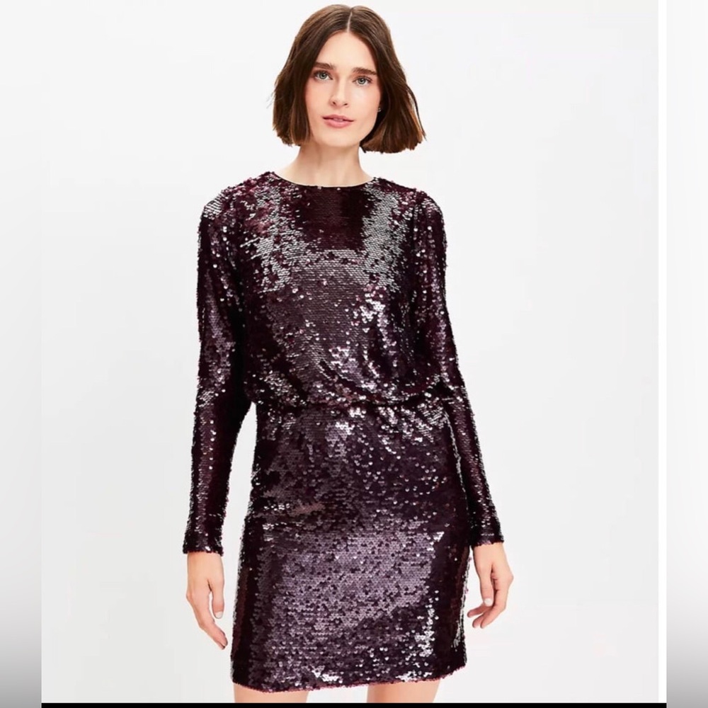 NWT Ann Taylor LOFT Burgundy Sequin Long Sleeve Mini Dress Size 8 Party Evening